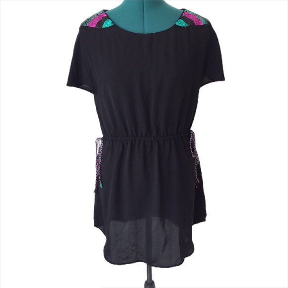 H&M Black Sheer Sequinned Shoulder Blouse, Size 6 - Picture 2 of 14